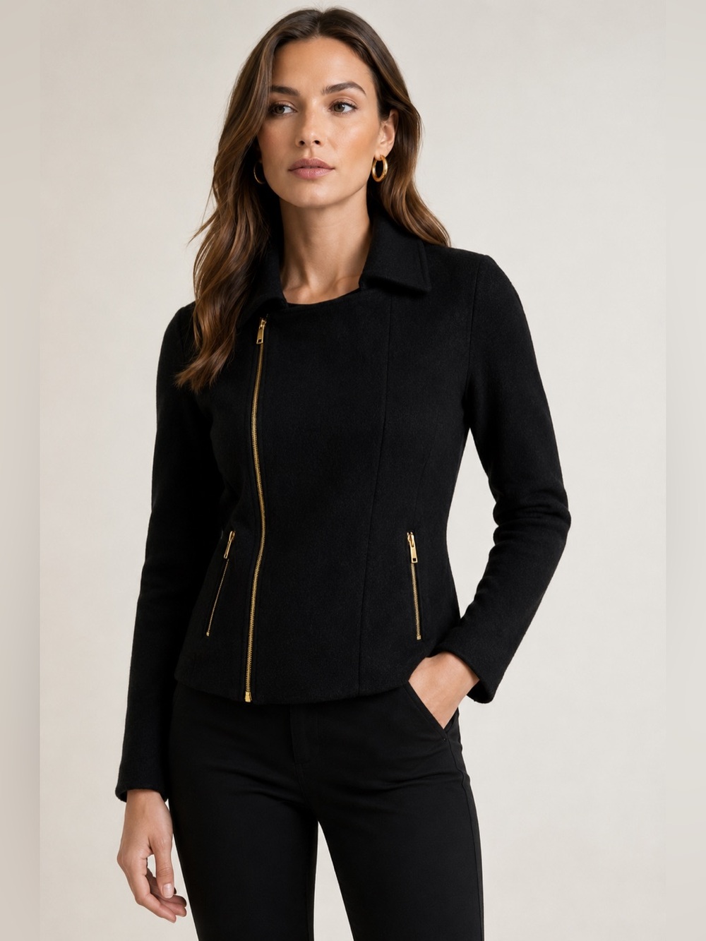Ralph Lauren Black 100% Lambswool Zip Jacket Small Gold Hardware Sweater Coat